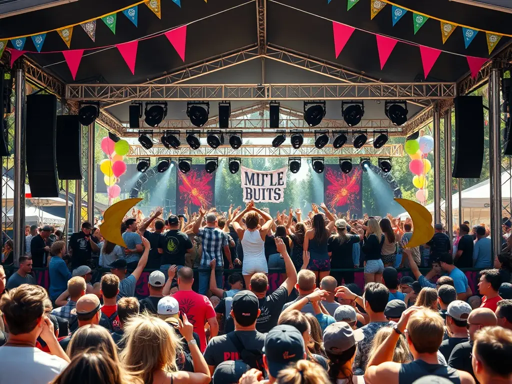 A vibrant scene from a community festival organized by ATELIER PLUS, featuring live music, art displays, and diverse cultural performances, highlighting the organization's role in promoting cultural exchange.