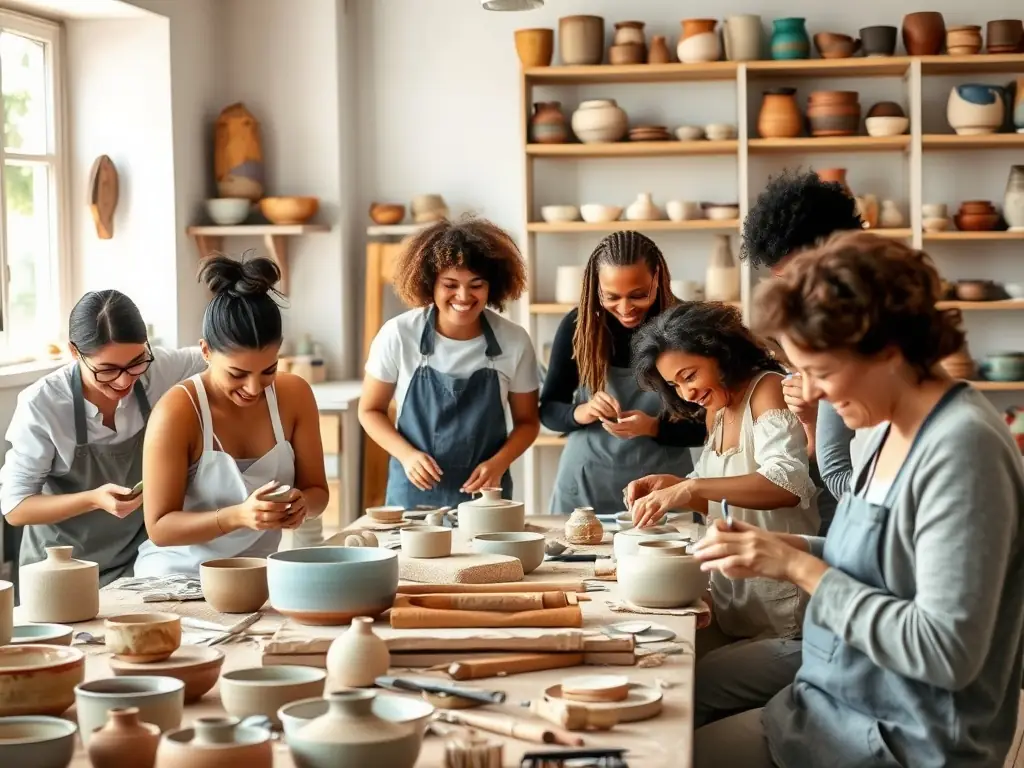 A group of participants engaged in a pottery workshop, hands covered in clay, smiling and focused on their creations, set in a bright and airy studio with natural light.
