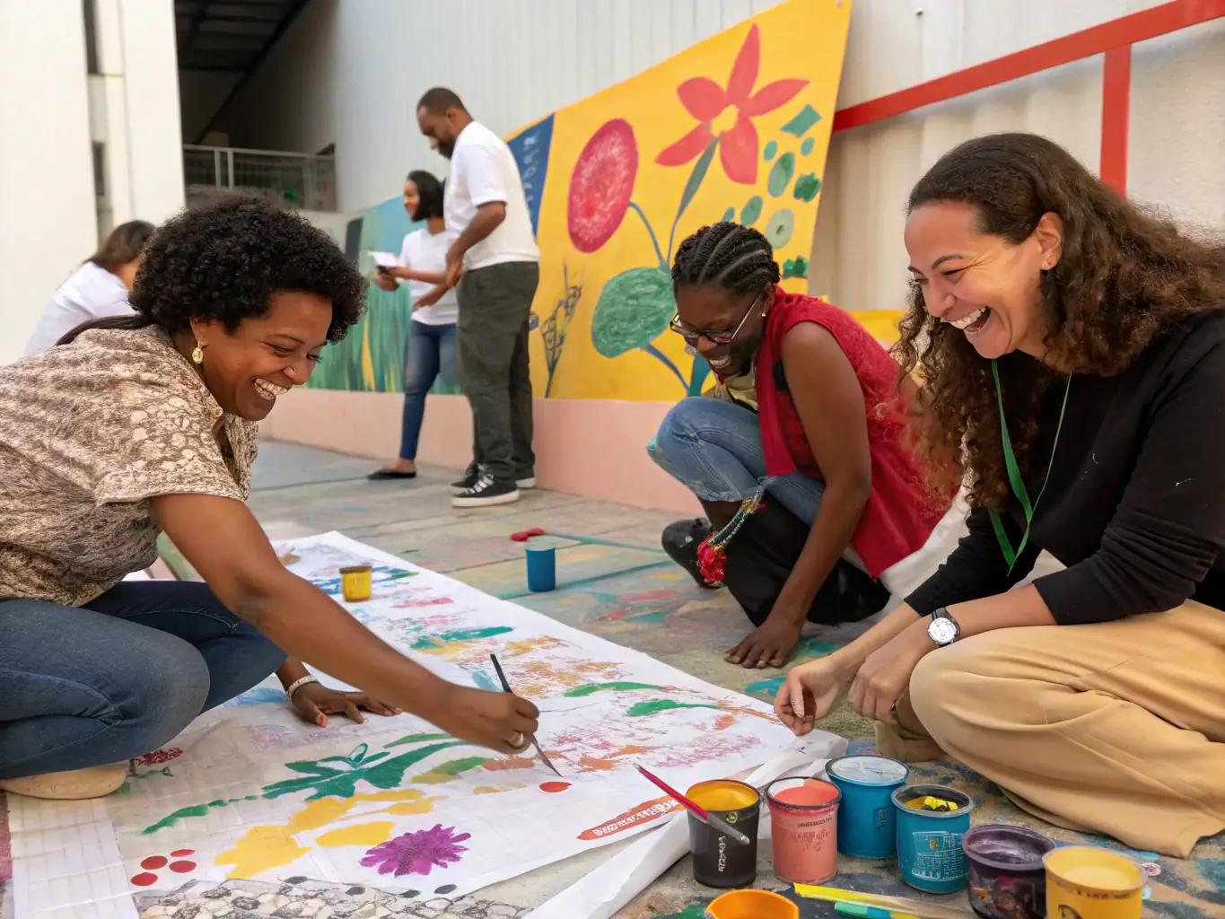 A group of diverse individuals collaborating on a community art project, symbolizing the social inclusion and community ties fostered by ATELIER PLUS.