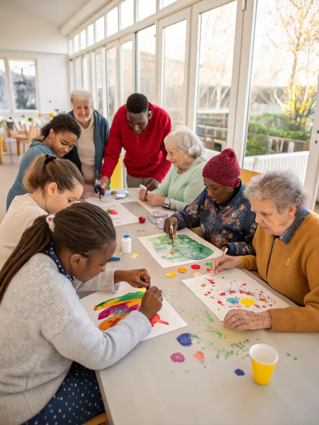 A vibrant image of participants engaged in a painting workshop, with colorful canvases and smiling faces, showcasing the artistic workshops offered by ATELIER PLUS.