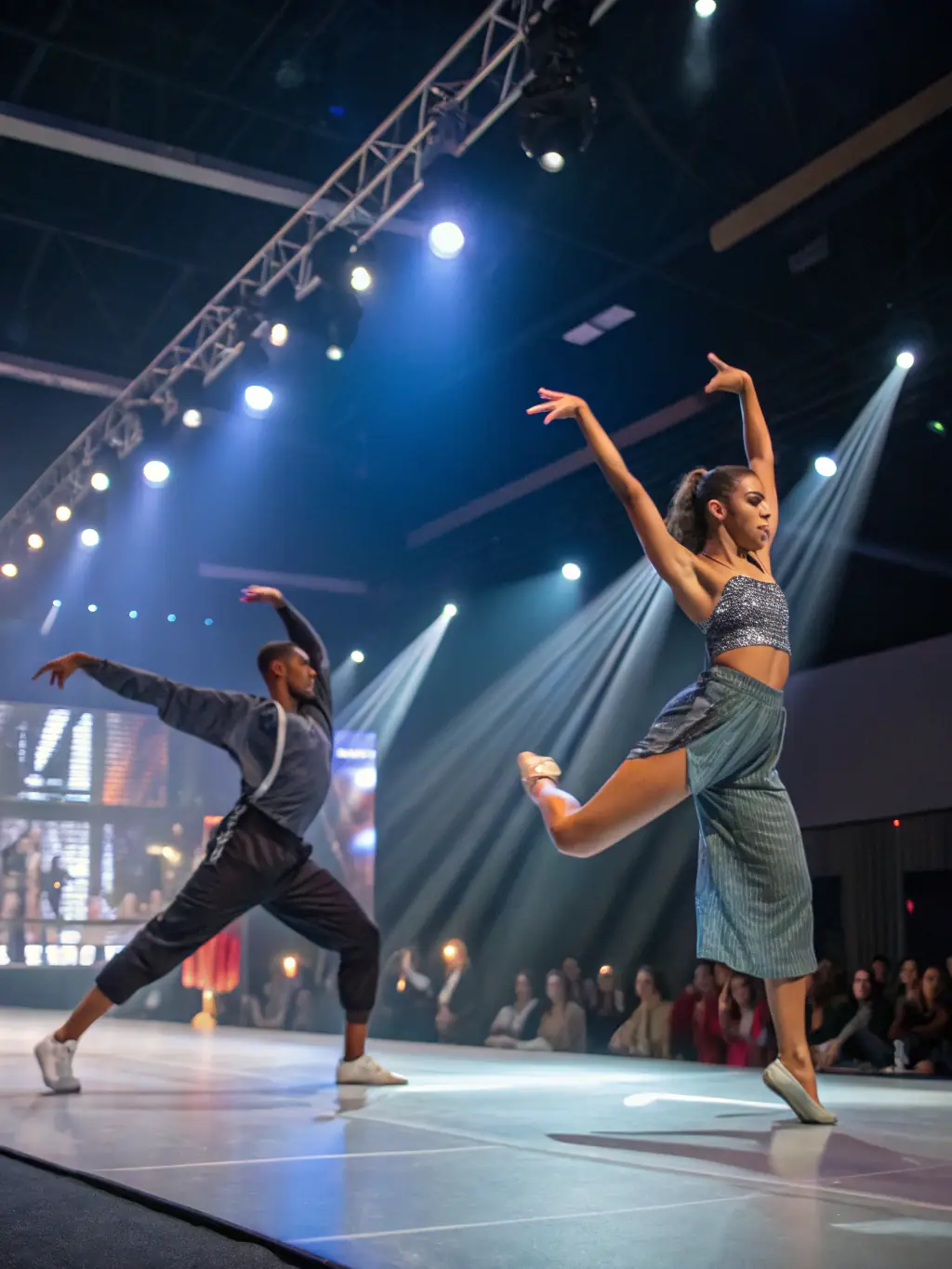 A dynamic image of dancers performing on stage during a cultural event organized by ATELIER PLUS, capturing the energy and excitement of the performance.