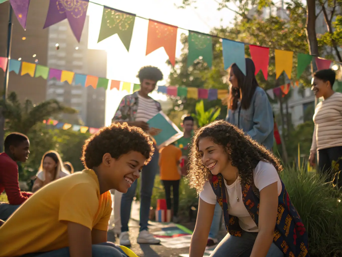 A vibrant scene from a community art festival, featuring colorful banners, live music, and people of all ages participating in various art activities.