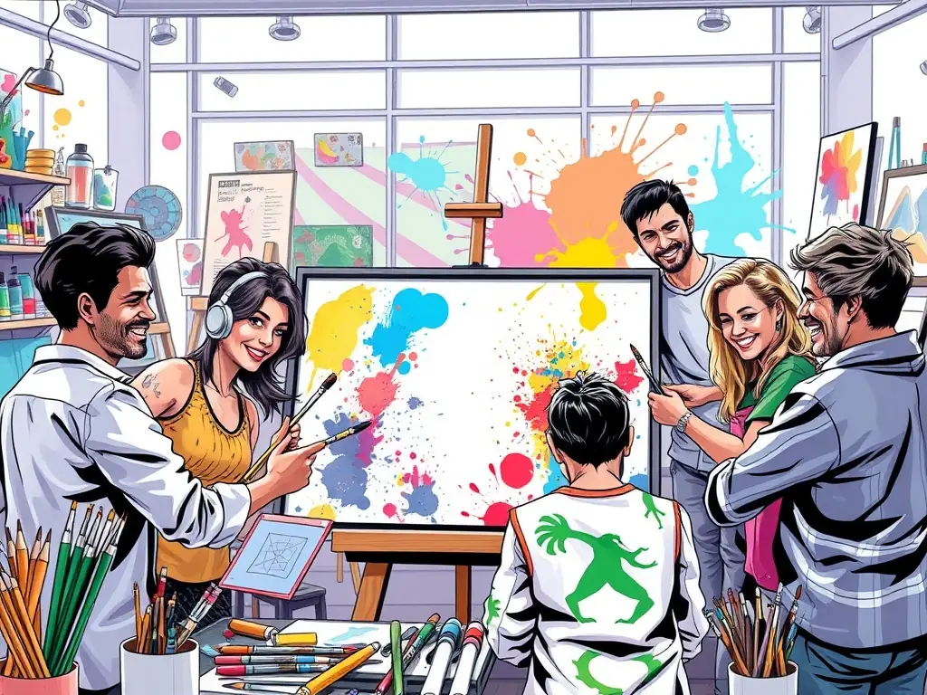 A vibrant image of participants engaged in a painting workshop, with colorful canvases and smiling faces, showcasing the hands-on experience and creative atmosphere of ATELIER PLUS.