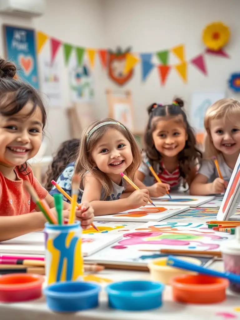 A group of children enthusiastically painting on canvases during an ATELIER PLUS workshop, showcasing the joy and creativity fostered in early arts education.