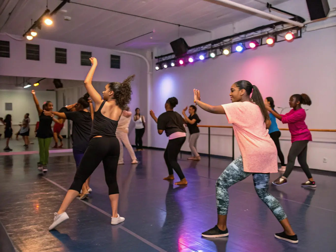A photograph of a dance workshop in progress, showing participants moving rhythmically to music, guided by an instructor in a spacious dance studio.
