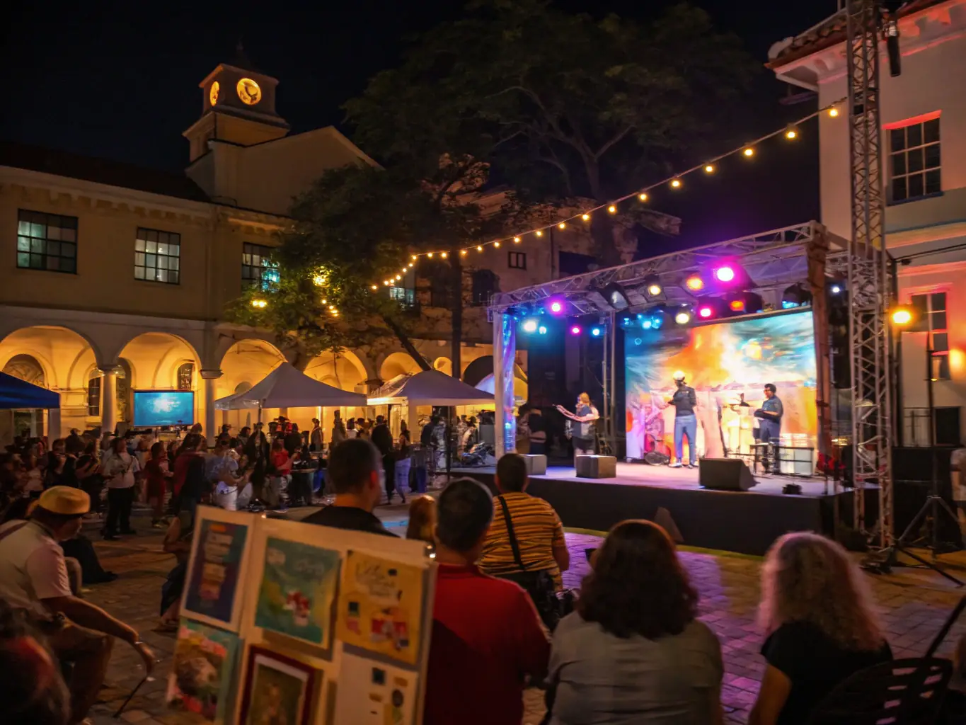 An image of a lively community festival with art displays, performers, and engaged visitors, capturing the vibrant atmosphere and community spirit of ATELIER PLUS's cultural events.