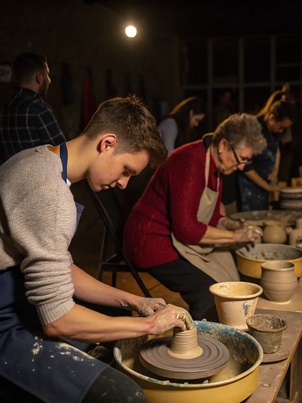 A diverse group of adults participating in a pottery class at ATELIER PLUS, focusing on the tactile and therapeutic aspects of ceramic art.
