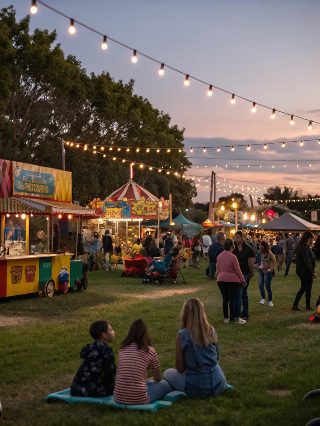 An image of a lively community festival with art displays, performers, and engaged visitors, representing the cultural events organized by ATELIER PLUS.