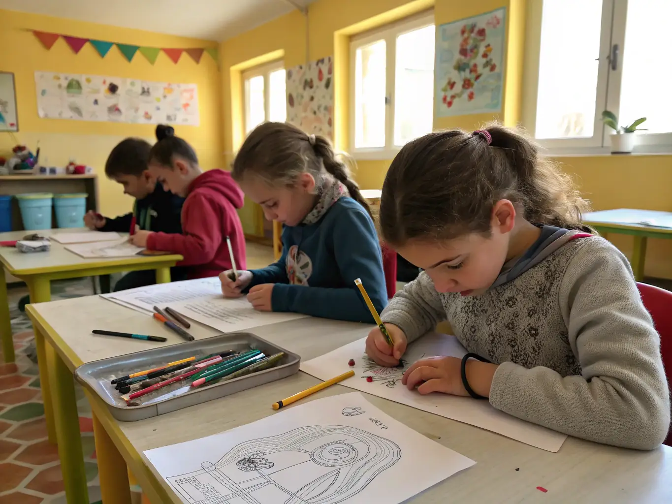 A group of children enthusiastically participating in a painting workshop, with colorful artworks displayed in the background, showcasing the creative environment fostered by ATELIER PLUS.