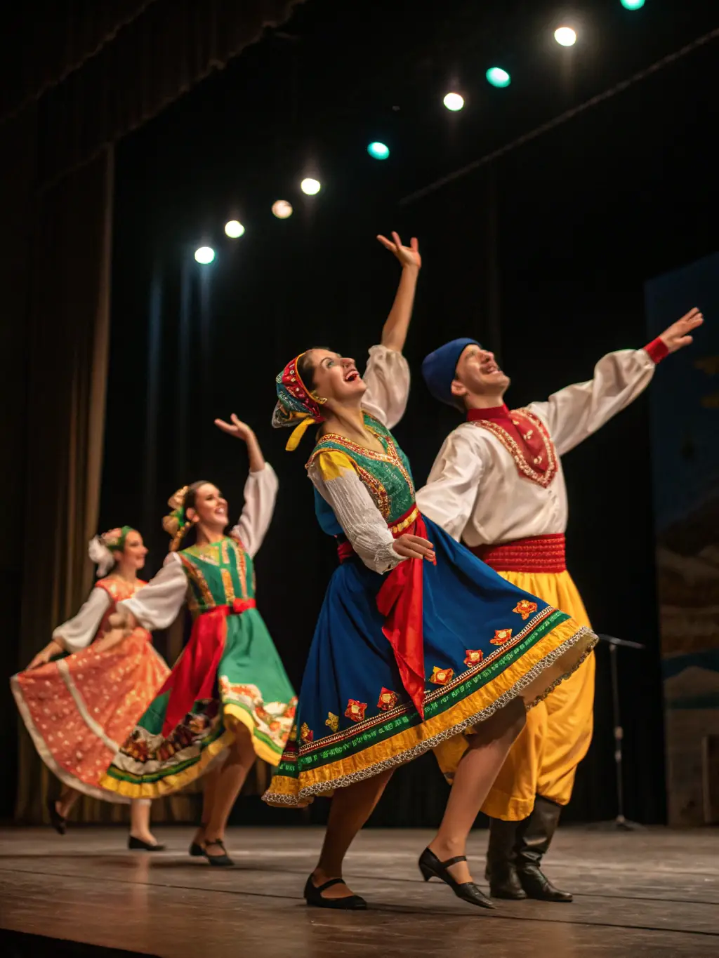 A vibrant scene from an ATELIER PLUS cultural event, featuring dancers and musicians performing for a diverse audience, highlighting community engagement.